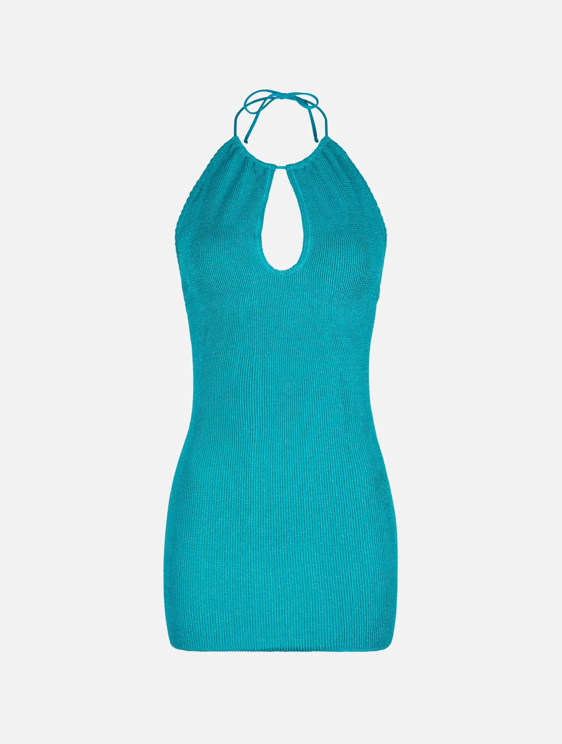 Aquamaringrünes Neckholder-Crinkle-Kleid aus Lurex für Damen