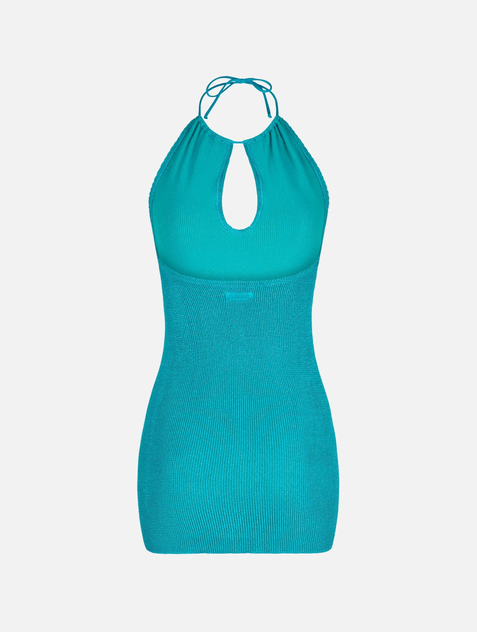 Aquamaringrünes Neckholder-Crinkle-Kleid aus Lurex für Damen