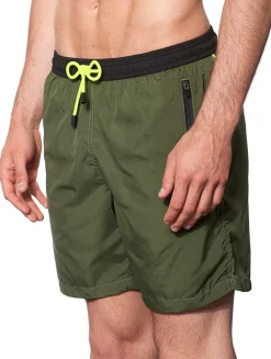 Badeshorts aus hellem, militärgrünem Stoff mit Reißverschluss