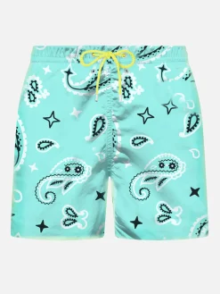 Badeshorts für Herren aus leichtem Stoff mit wassergrünem Paisley-Print