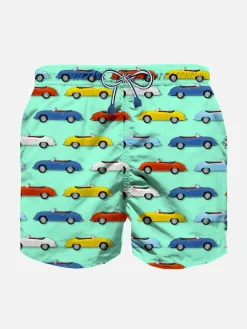 Badeshorts für Jungen aus leichtem Stoff mit mehrfarbigem Autodruck