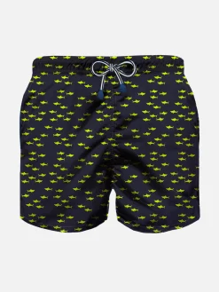 Badeshorts für Jungen aus leichtem Stoff mit Hai-Aufdruck