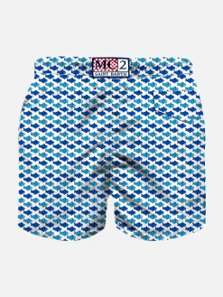 Badeshorts für Jungen aus leichtem Stoff mit Fischaufdruck