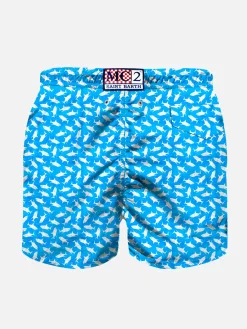 Badeshorts für Jungen aus leichtem Stoff mit Hai-Aufdruck