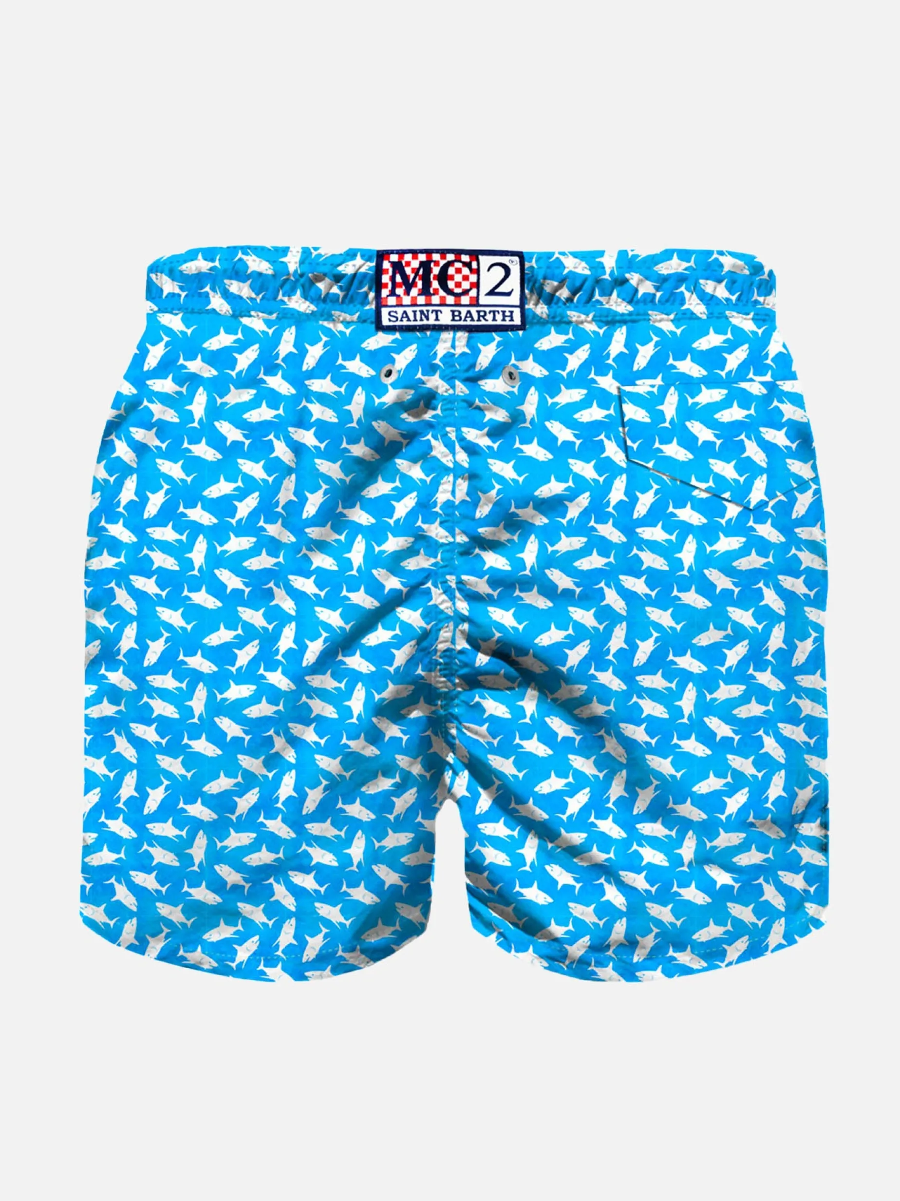 Badeshorts für Jungen aus leichtem Stoff mit Hai-Aufdruck