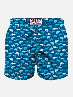 Badeshorts für Jungen aus leichtem Stoff mit mehrfarbigem Hai-Aufdruck