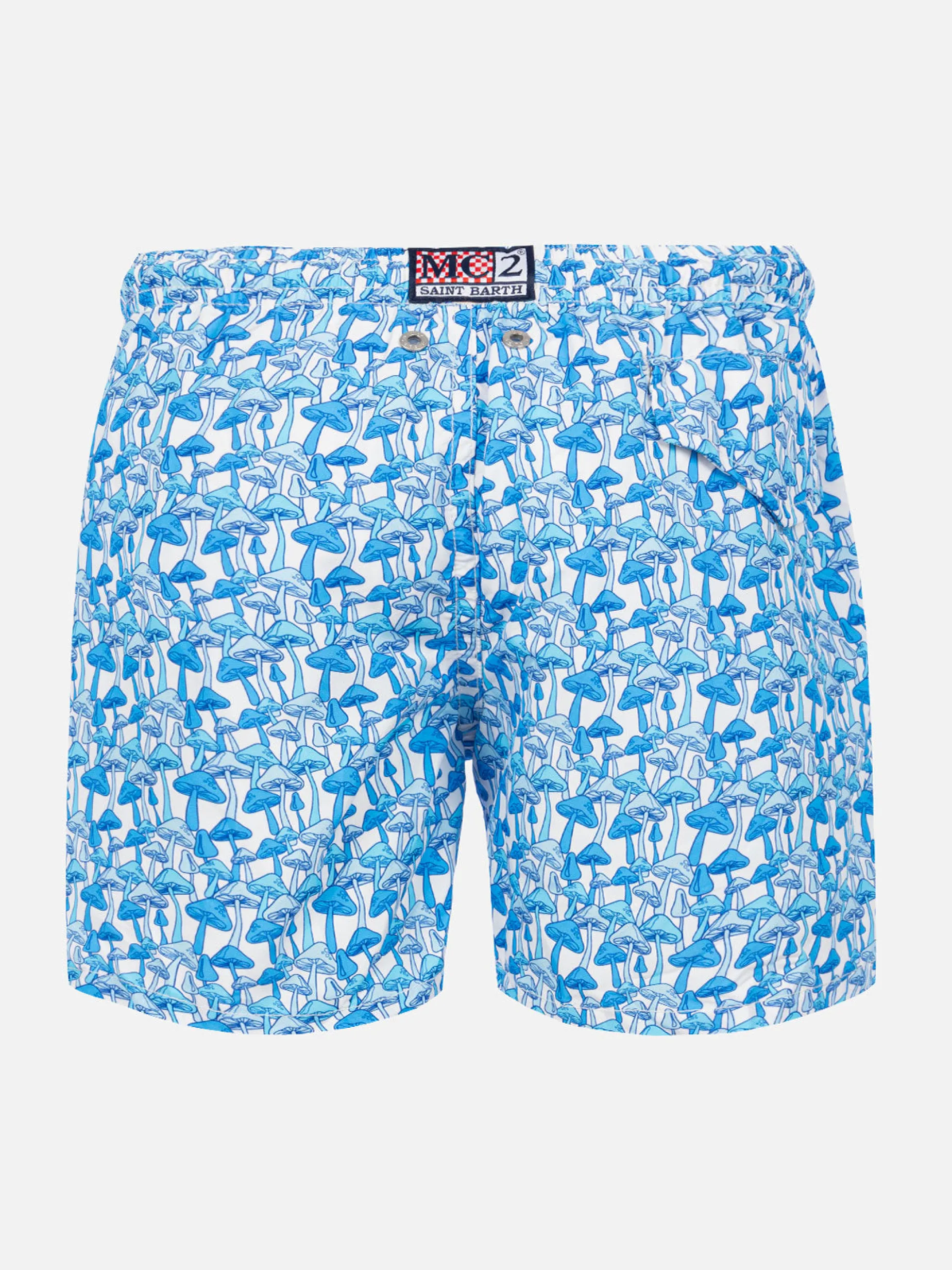 Badeshorts für Jungen aus leichtem Stoff mit hellblauem Pilzdruck