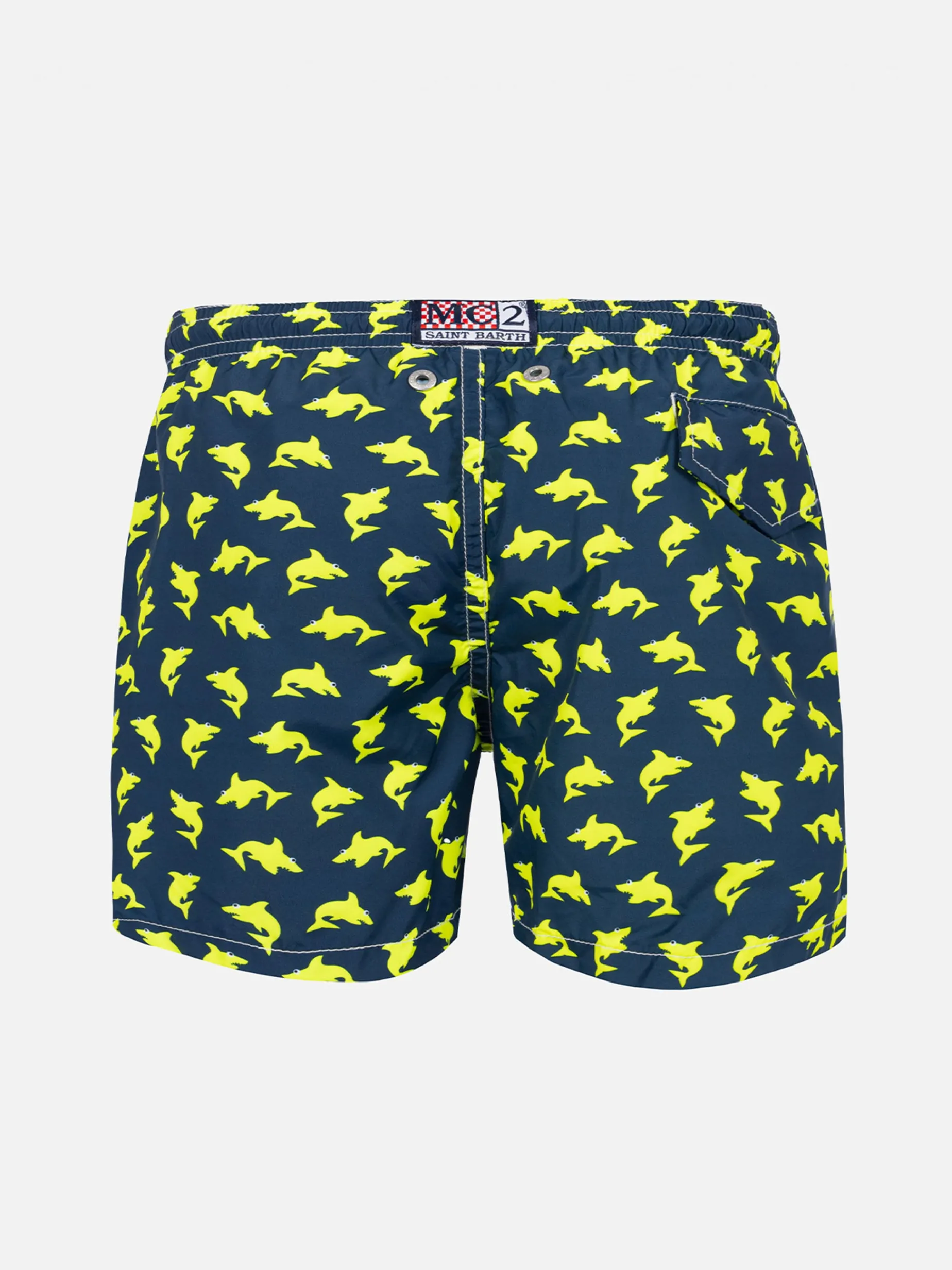 Badeshorts für Jungen aus leichtem Stoff mit fluoreszierendem Hai-Print