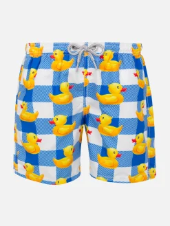 Badeshorts für Jungen mit Karomuster und Entenmuster