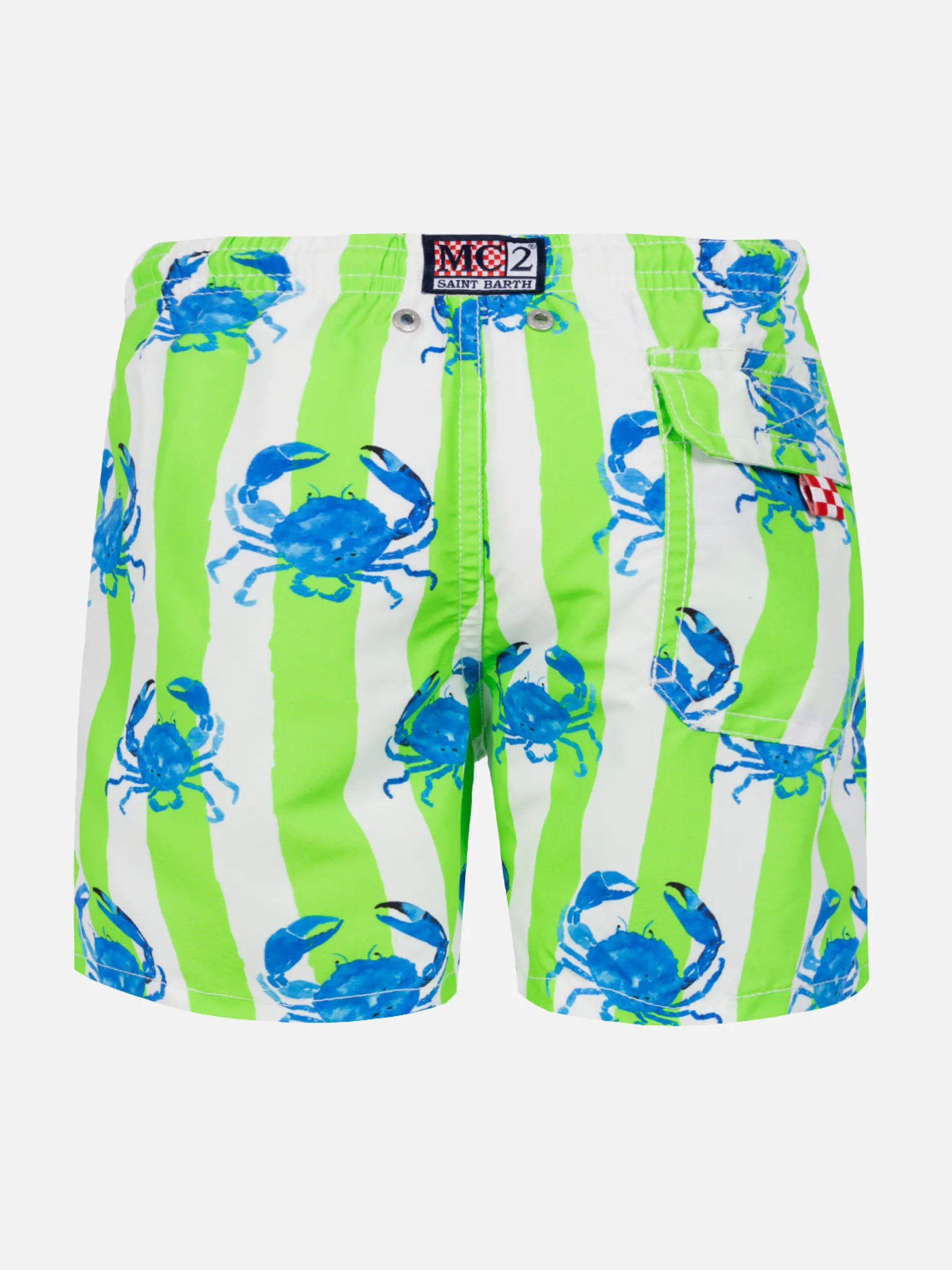 Badeshorts für Jungen mit weißen und grünen Streifen und Krabbenaufdruck