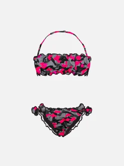 Bandeau-Bikini für Mädchen mit fuchsiafarbenem, mimetischem Aufdruck