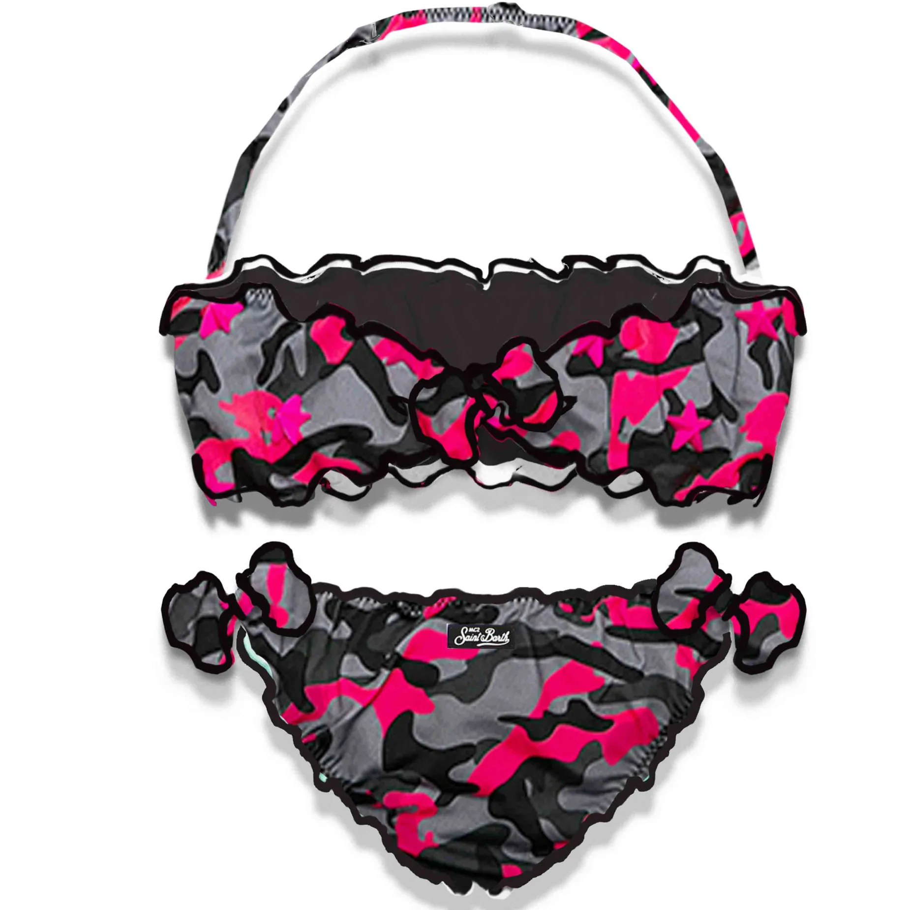 Bandeau-Bikini für Mädchen mit fuchsiafarbenem, mimetischem Aufdruck