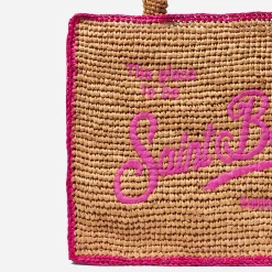 Basttasche mit fuchsiafarbener Stickerei vorne