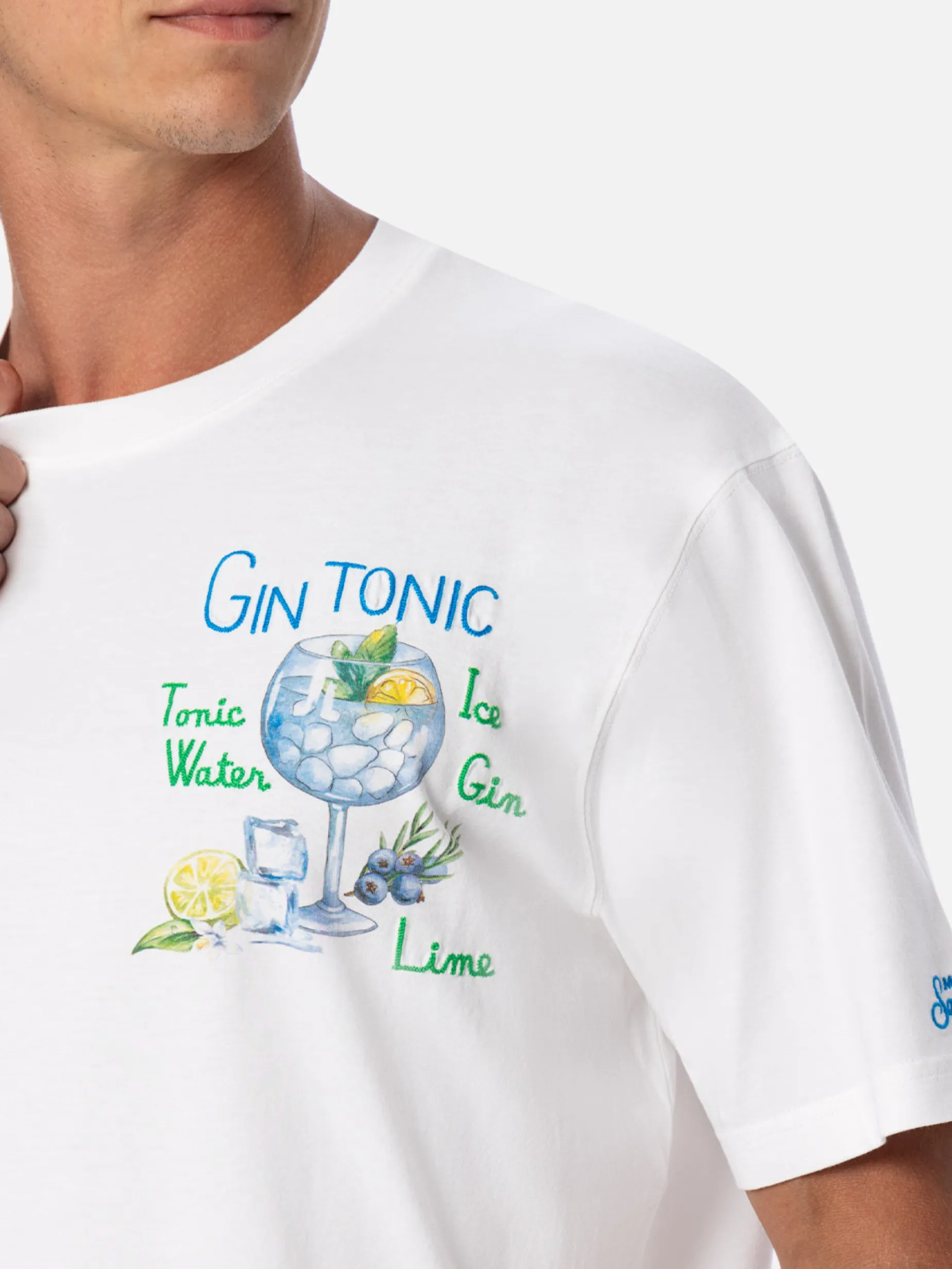 Baumwoll-T-Shirt für Herren mit Gin-Tonic-Aufdruck und Stickerei