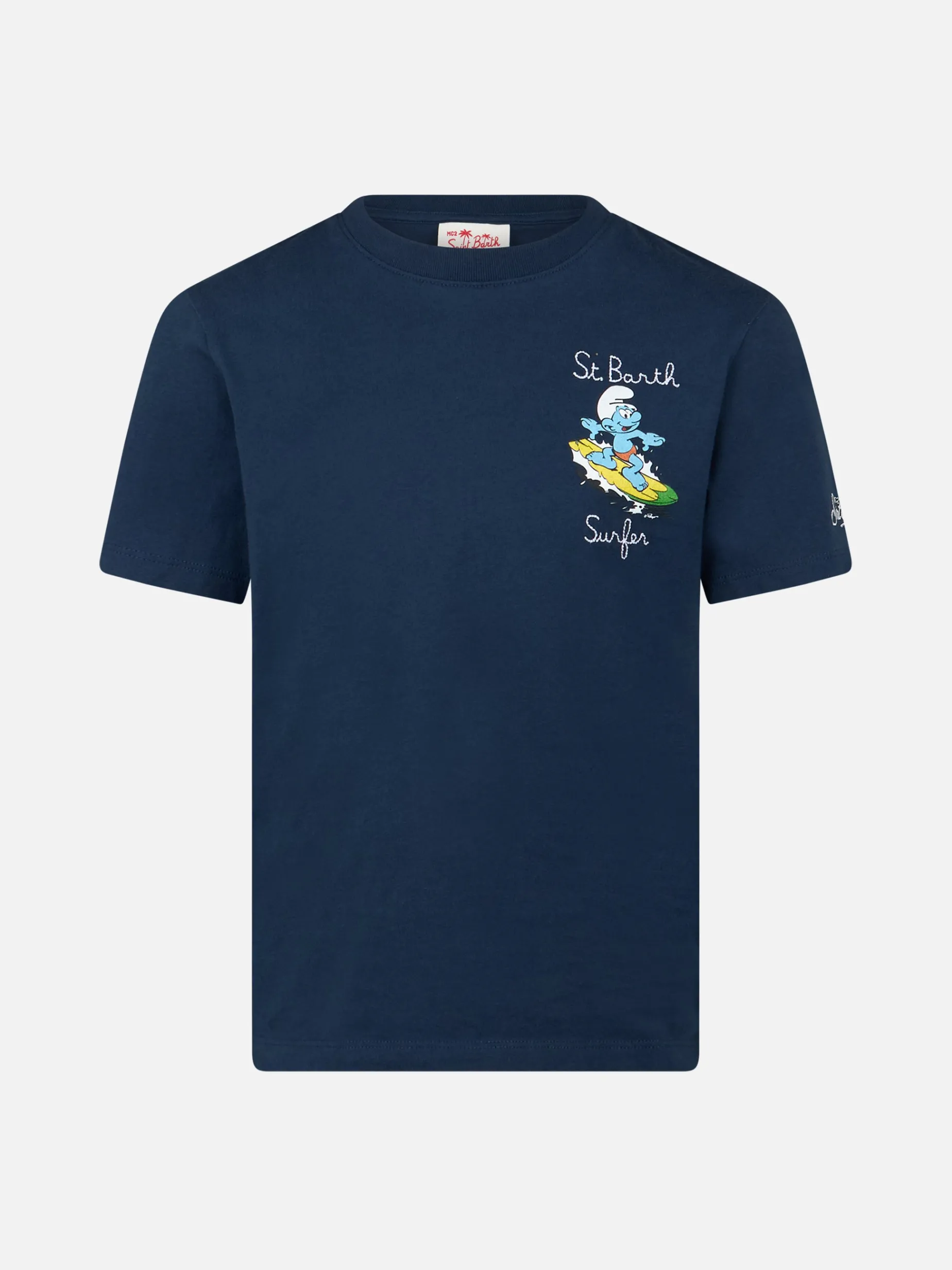 Baumwoll-T-Shirt für Jungen mit Schlumpf-Aufdruck und St. Barth Surfer-Stickerei | DIE SCHMURF-SONDEREDITION