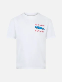 Baumwoll-T-Shirt für Jungen mit der Stickerei „Me ne vado in un lambo“.