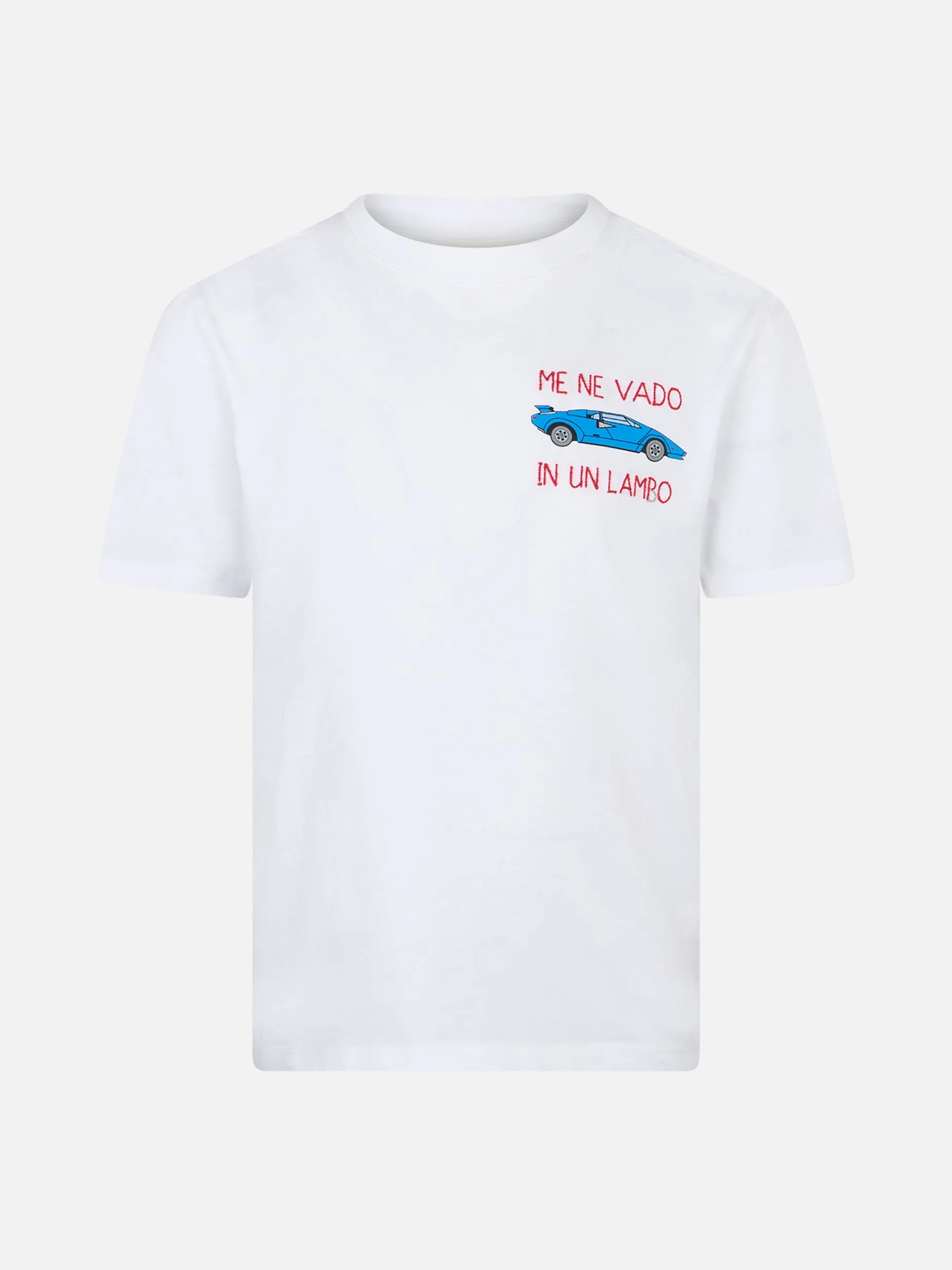 Baumwoll-T-Shirt für Jungen mit der Stickerei „Me ne vado in un lambo“.