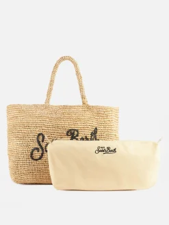 Beige Strandtasche aus Raffiabast mit Baumwollbeutel