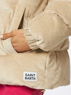 Beigefarbene Damen-Daunenjacke aus Cord mit Kapuze