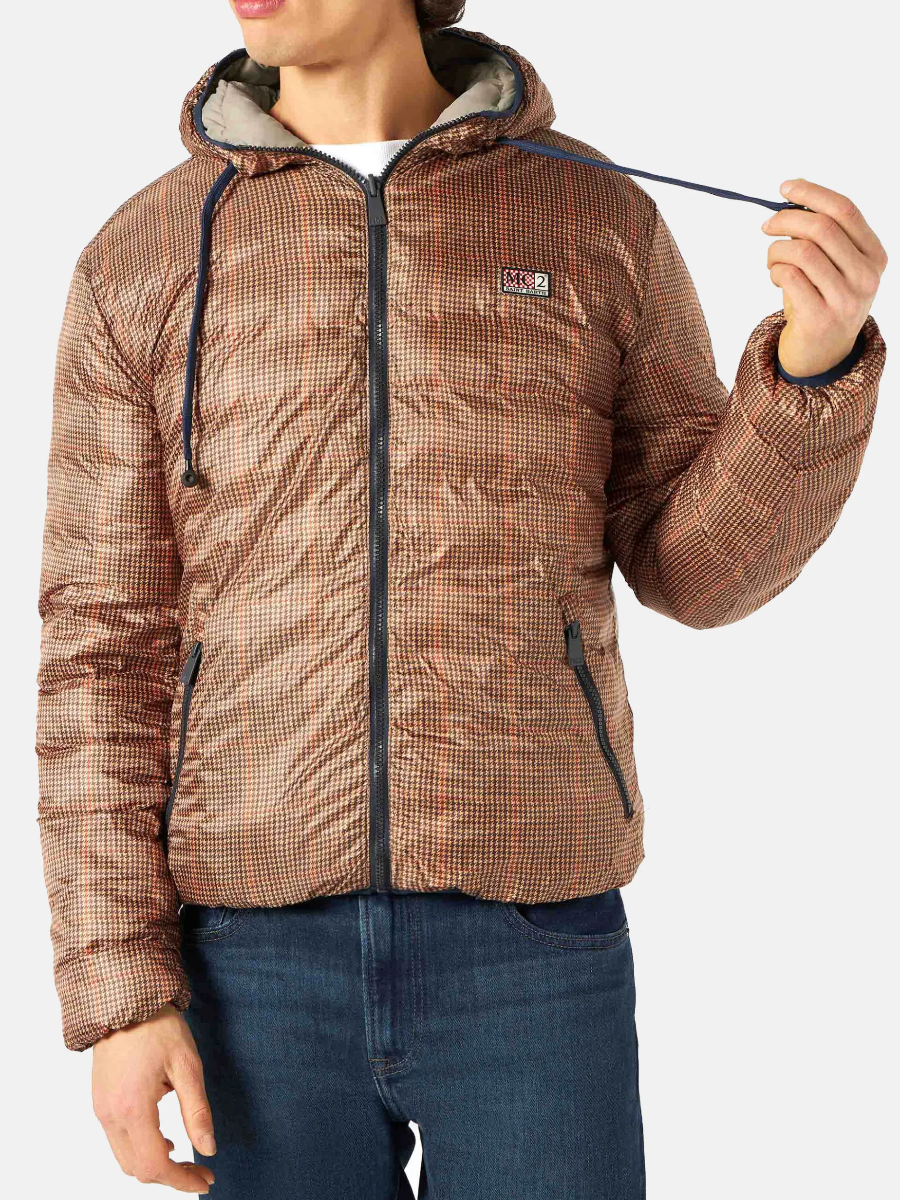 Beigefarbene Herren-Daunenjacke mit doppeltem Gesicht