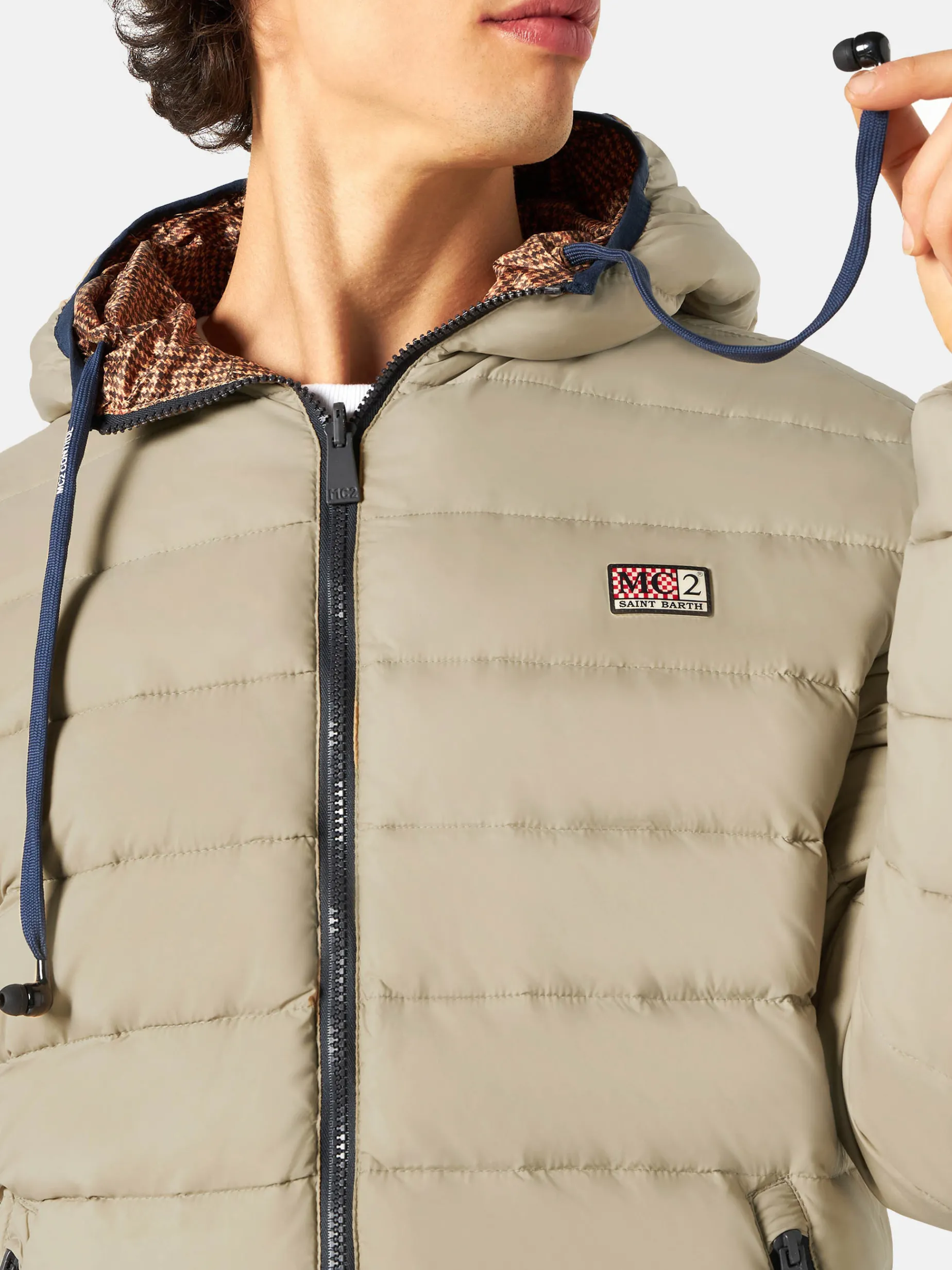 Beigefarbene Herren-Daunenjacke mit doppeltem Gesicht