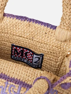 Beigefarbene, natürliche Mini-Kosmetiktasche aus Raffiabast mit gepunkteten Applikationen