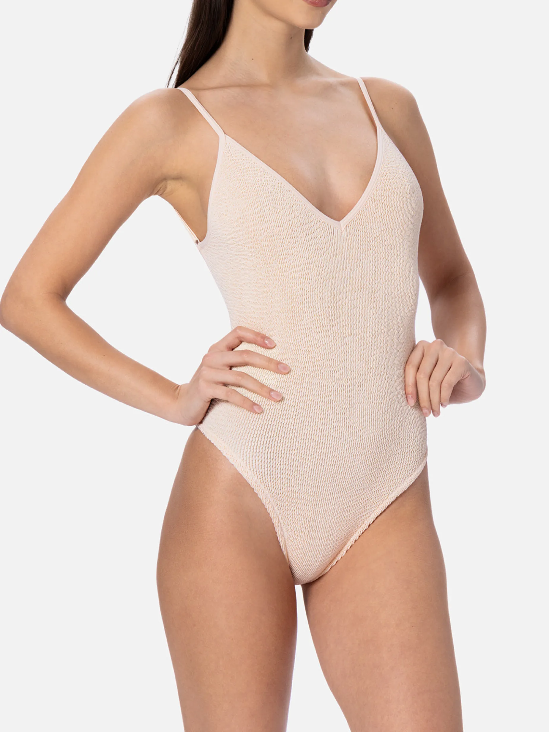 Beigefarbener Crinkle-Einteiler-Badeanzug für Damen Susanne