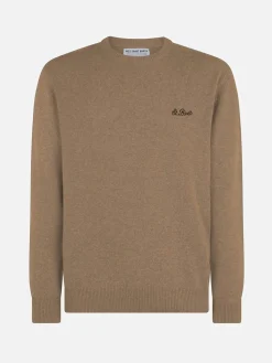 Beigefarbener Herrenpullover mit Rundhalsausschnitt und St. Barth-Stickerei