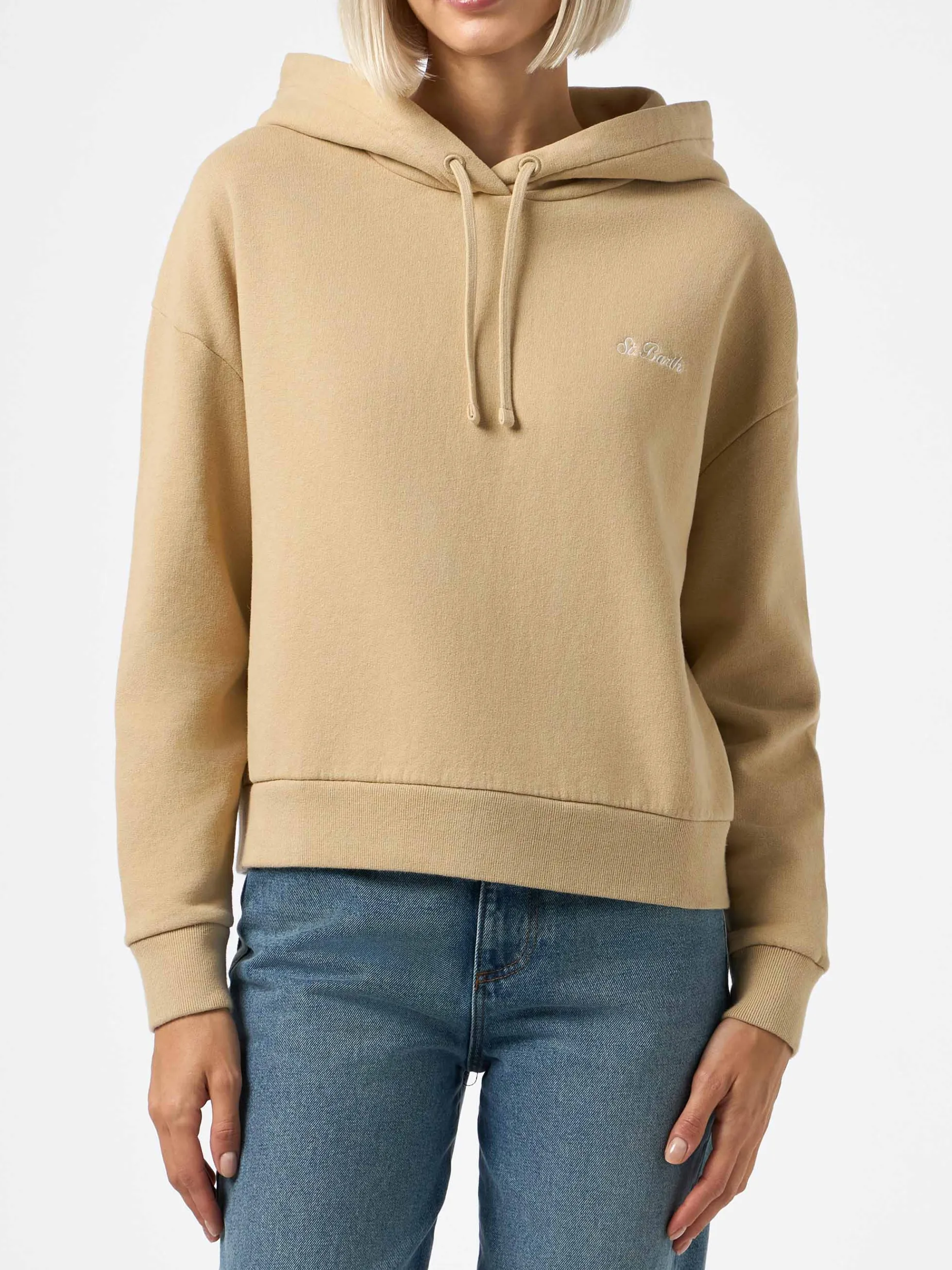 Beiges Damen-Sweatshirt aus Fleece-Baumwolle mit Kapuze Mindy