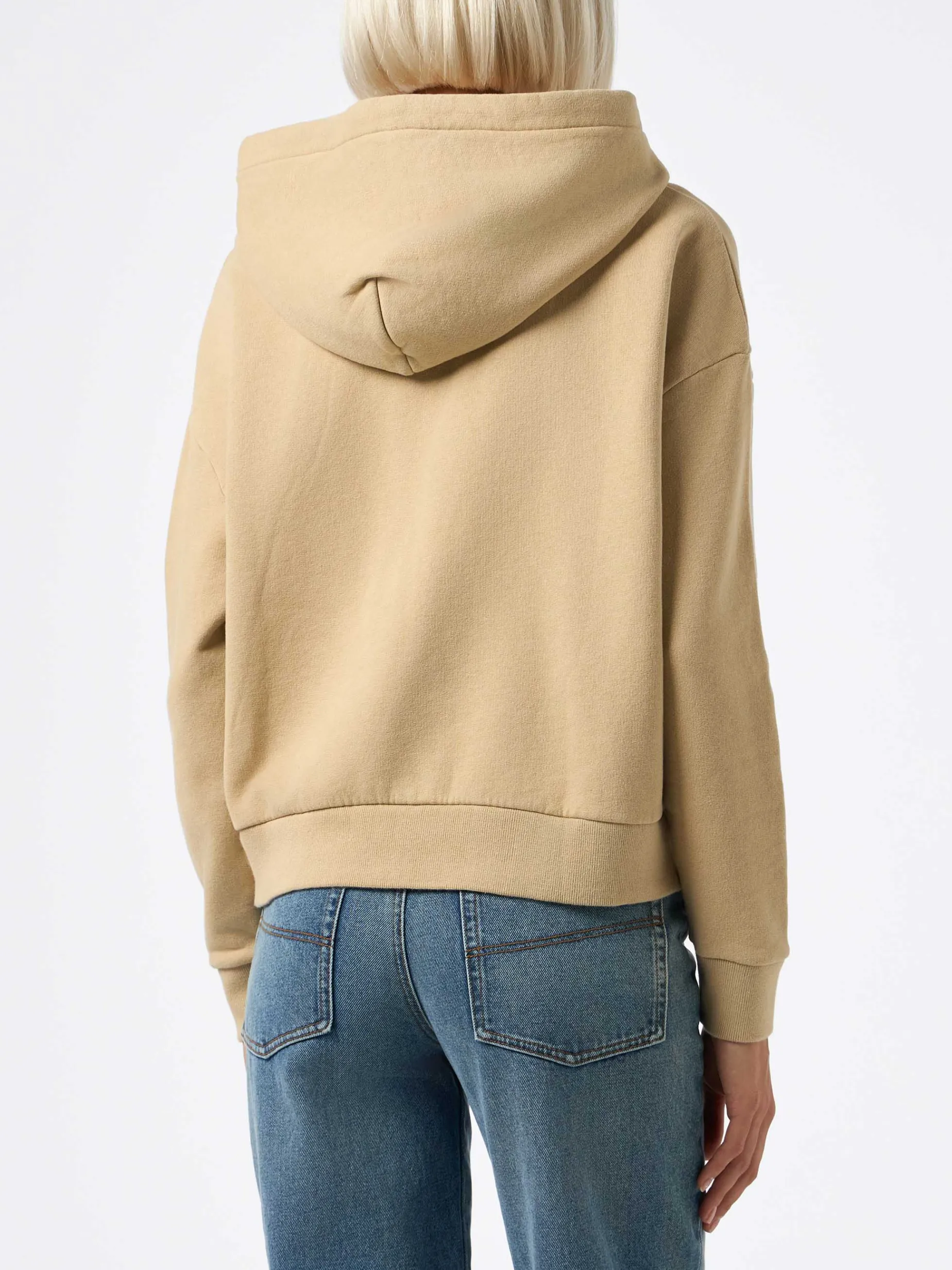 Beiges Damen-Sweatshirt aus Fleece-Baumwolle mit Kapuze Mindy