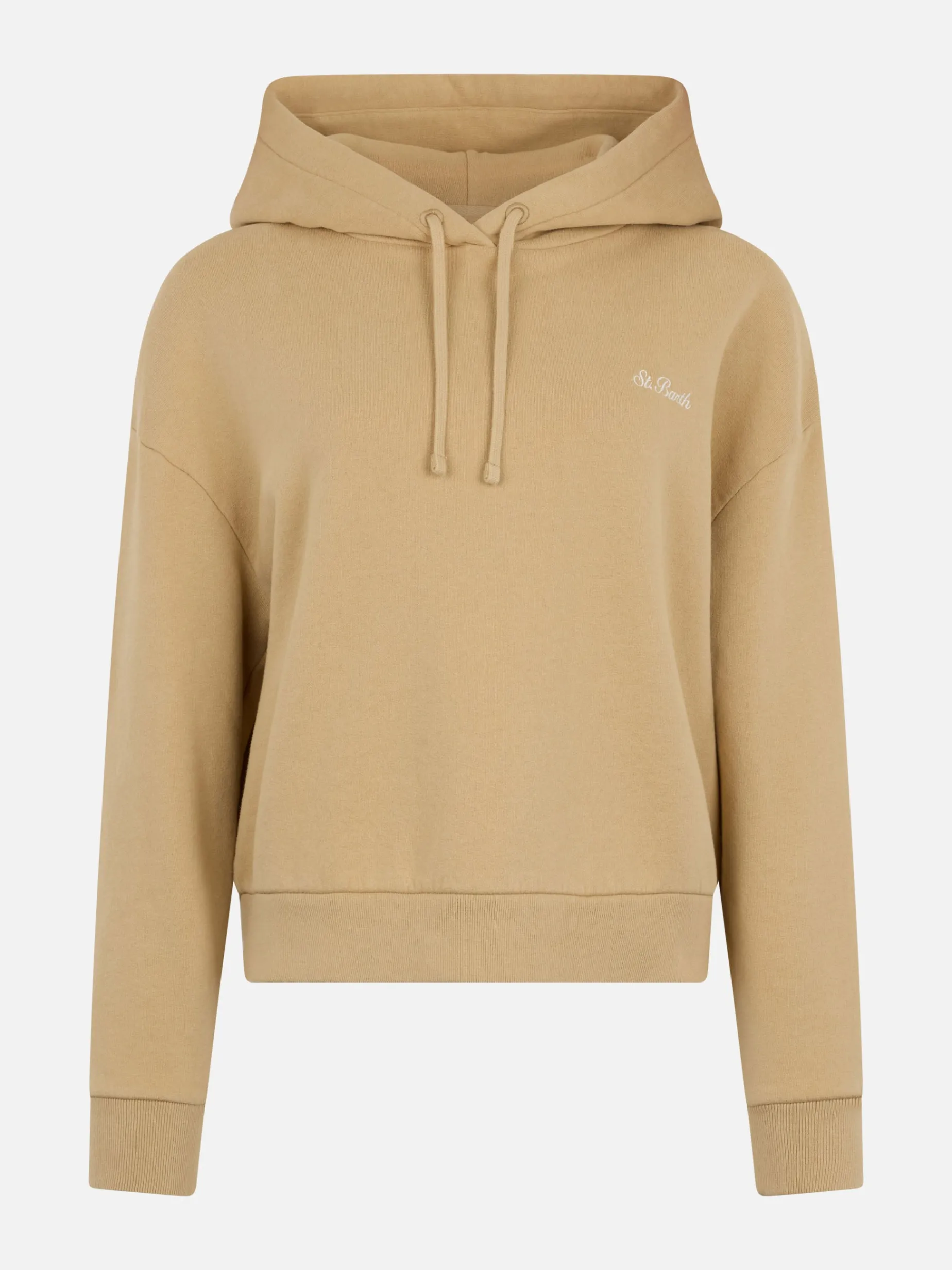 Beiges Damen-Sweatshirt aus Fleece-Baumwolle mit Kapuze Mindy