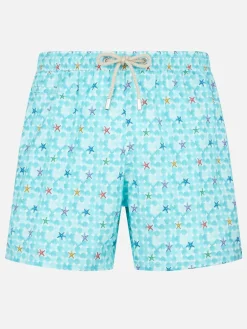 Bequeme Herren-Badeshorts aus Stretchstoff mit Seestern-Print