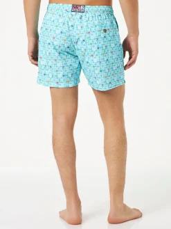 Bequeme Herren-Badeshorts aus Stretchstoff mit Seestern-Print