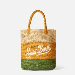 Beuteltasche aus Raffiabast mit mehrfarbigen Streifen und Stickerei