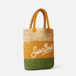 Beuteltasche aus Raffiabast mit mehrfarbigen Streifen und Stickerei