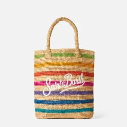 Beuteltasche aus Raffiabast mit mehrfarbigen Streifen und Stickerei