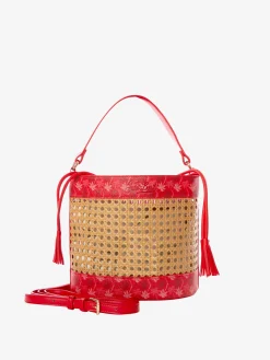 Beuteltasche aus Stroh mit roten Monogrammdetails