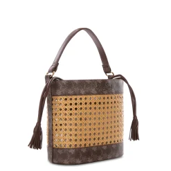Beuteltasche aus Stroh mit braunen Monogrammdetails