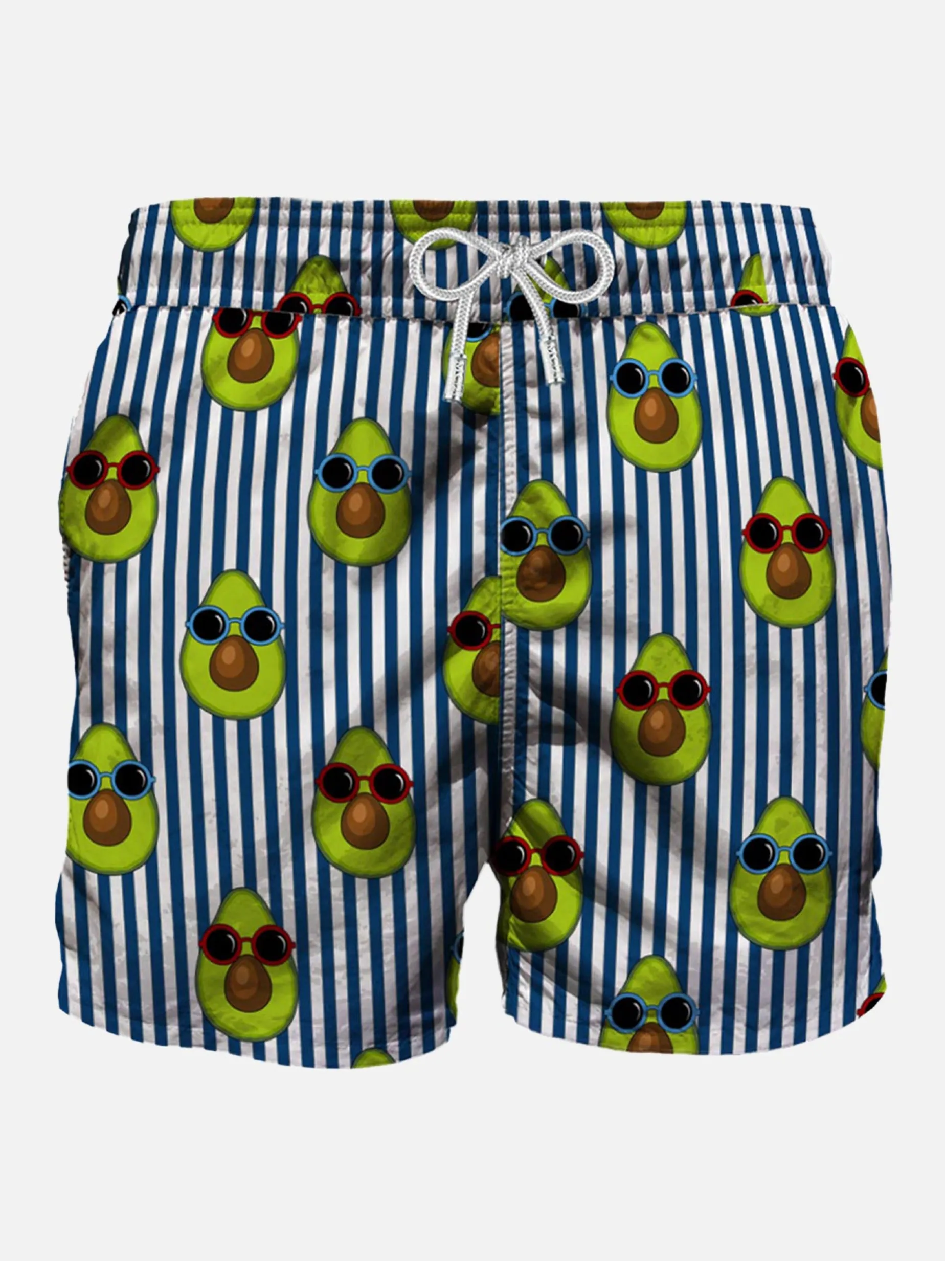 Blau gestreifte mittellange Badeshorts mit Avocado-Print
