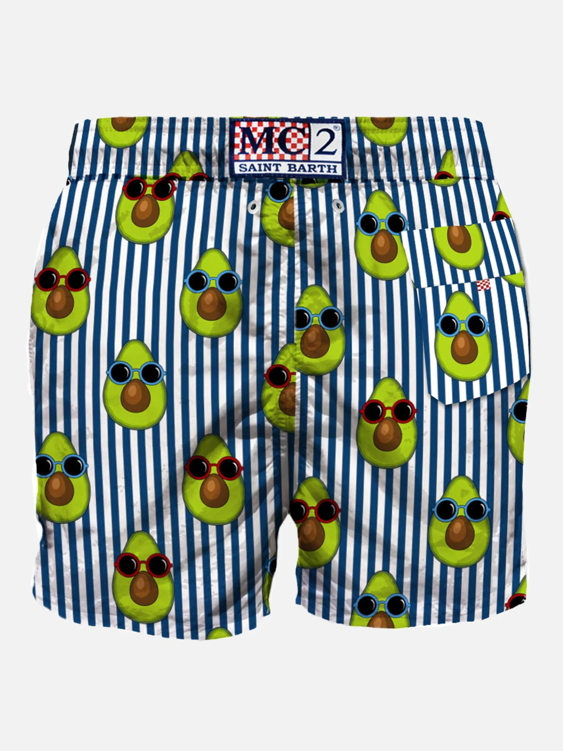 Blau gestreifte mittellange Badeshorts mit Avocado-Print