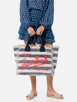 Blau gestreifte Vanity-Einkaufstasche aus Baumwollcanvas