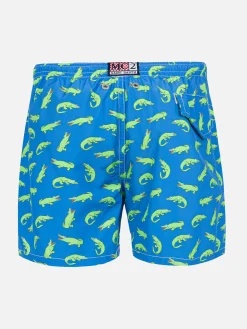 Blaue Badeshorts für Jungen mit grünem Alligatorprint