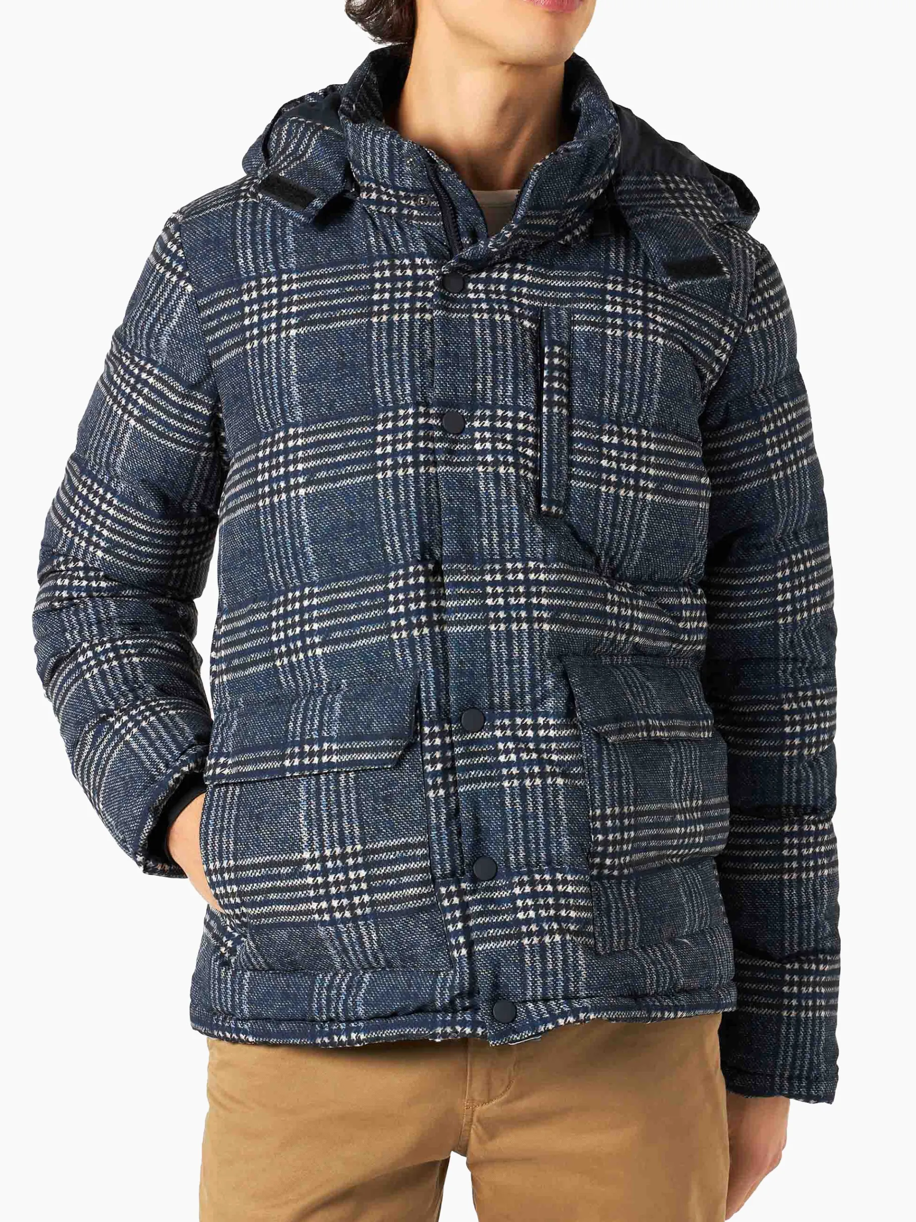 Blaue Daunenjacke mit Kapuze und Prince-of-Wales-Print