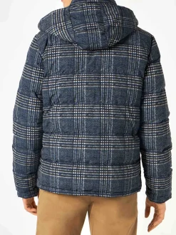 Blaue Daunenjacke mit Kapuze und Prince-of-Wales-Print