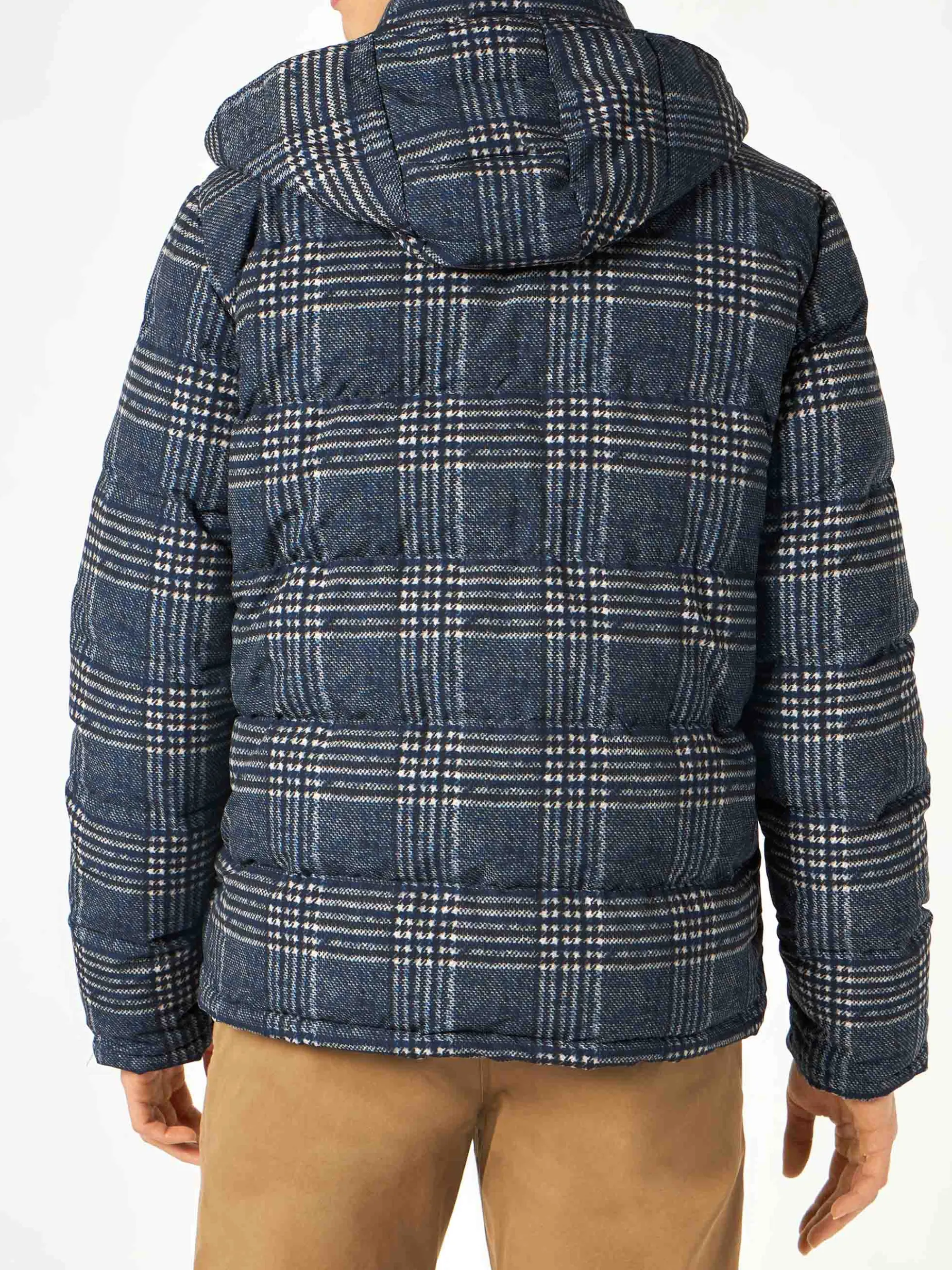 Blaue Daunenjacke mit Kapuze und Prince-of-Wales-Print