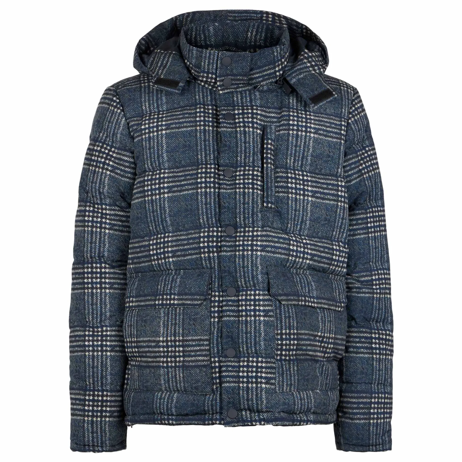 Blaue Daunenjacke mit Kapuze und Prince-of-Wales-Print