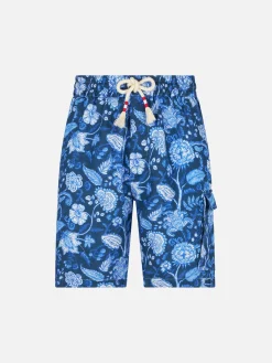 Blaue Herren-Bermudashorts aus Leinen mit Blumendruck