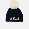Blaue Jungenmütze Wengen mit Pompon und St. Barth Stickerei
