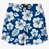 Blaue mittellange Badeshorts mit weißem Blumendruck