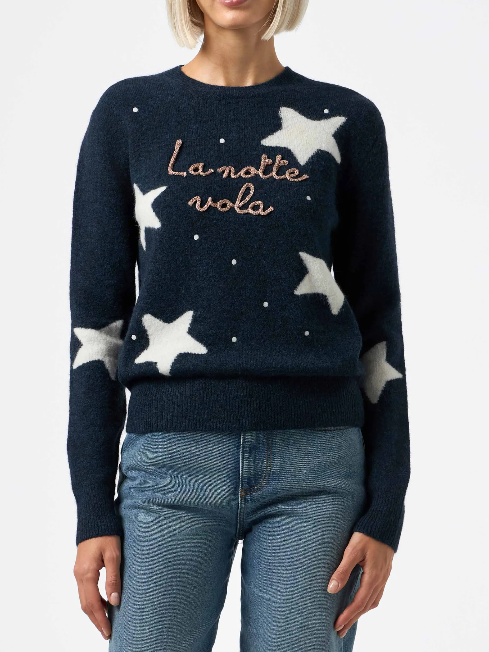 Blauer Damenpullover „New Queen“ mit „La notte vola“-Stickerei und Sternen-Print